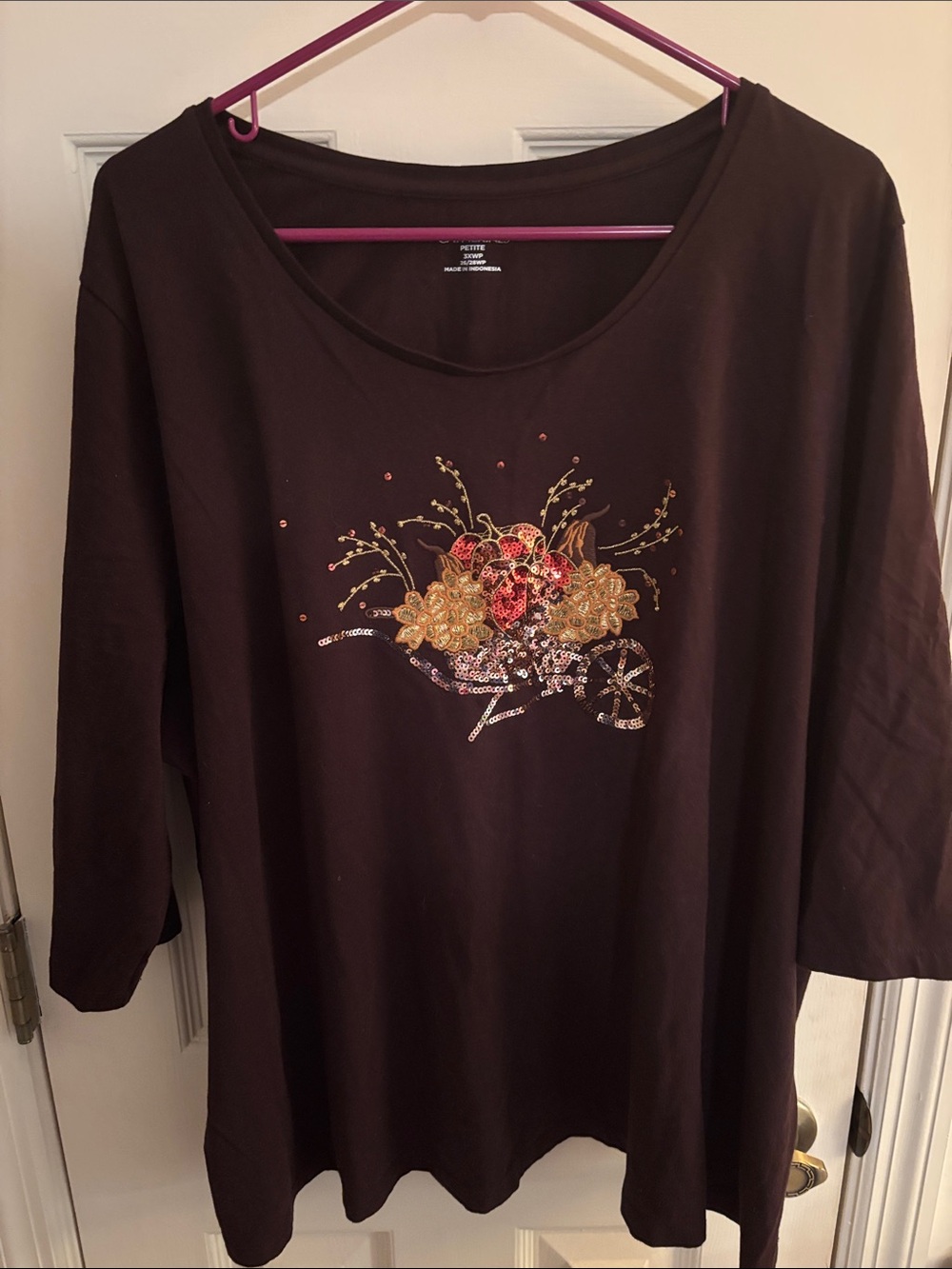 Catherines Brown Long Sleeve Scoop Neck Top with Sequin Autumn Motif
